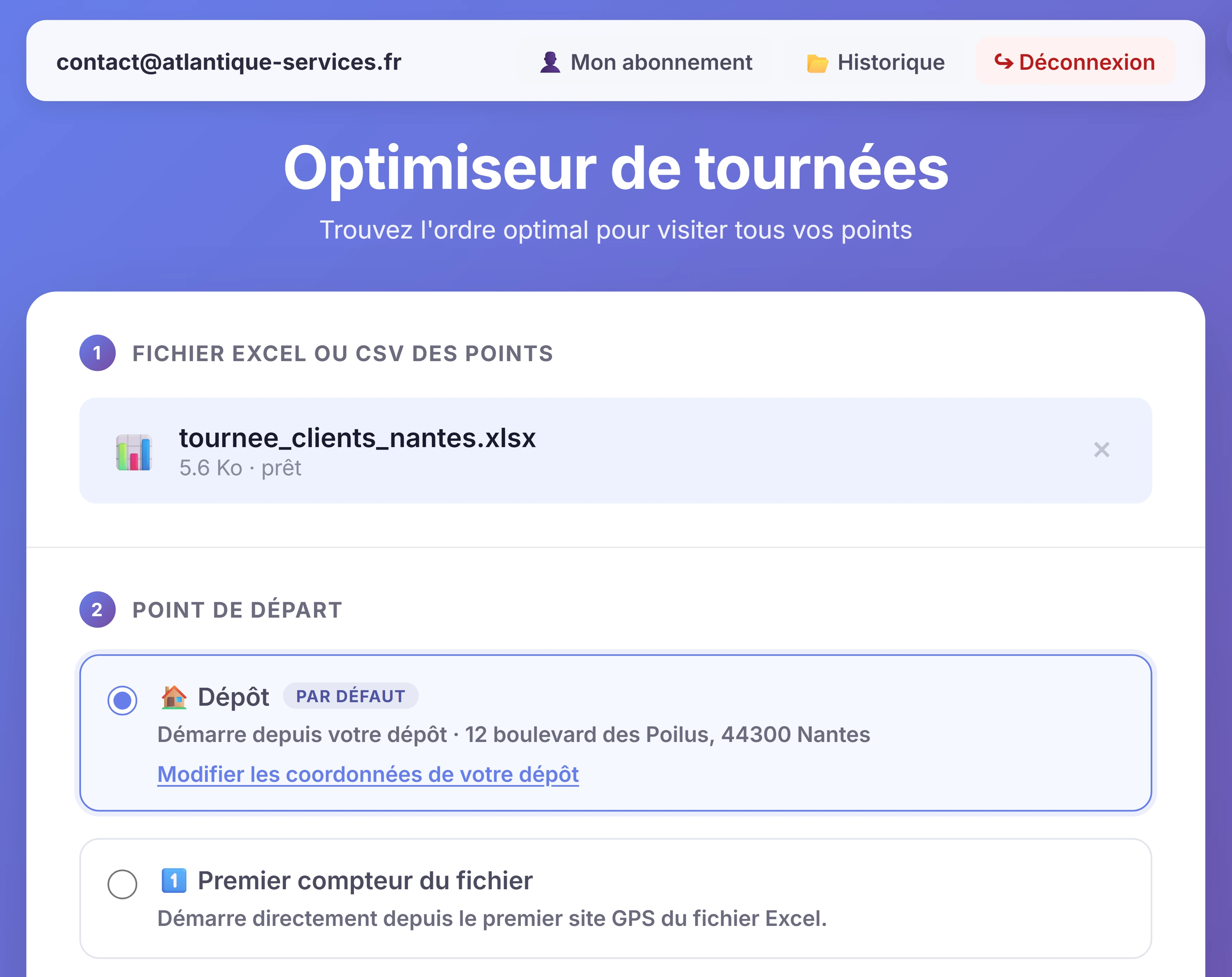 Tableau de bord Tournée GPS avec le fichier de tournée chargé et reconnu, puis le choix du point de départ