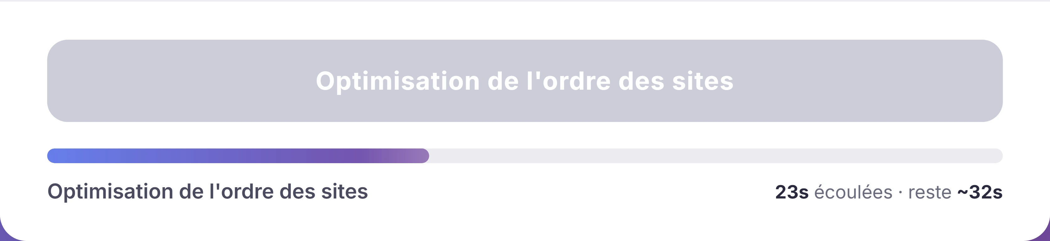 Barre de progression du calcul d'optimisation de tournée, avec temps écoulé et temps restant estimé