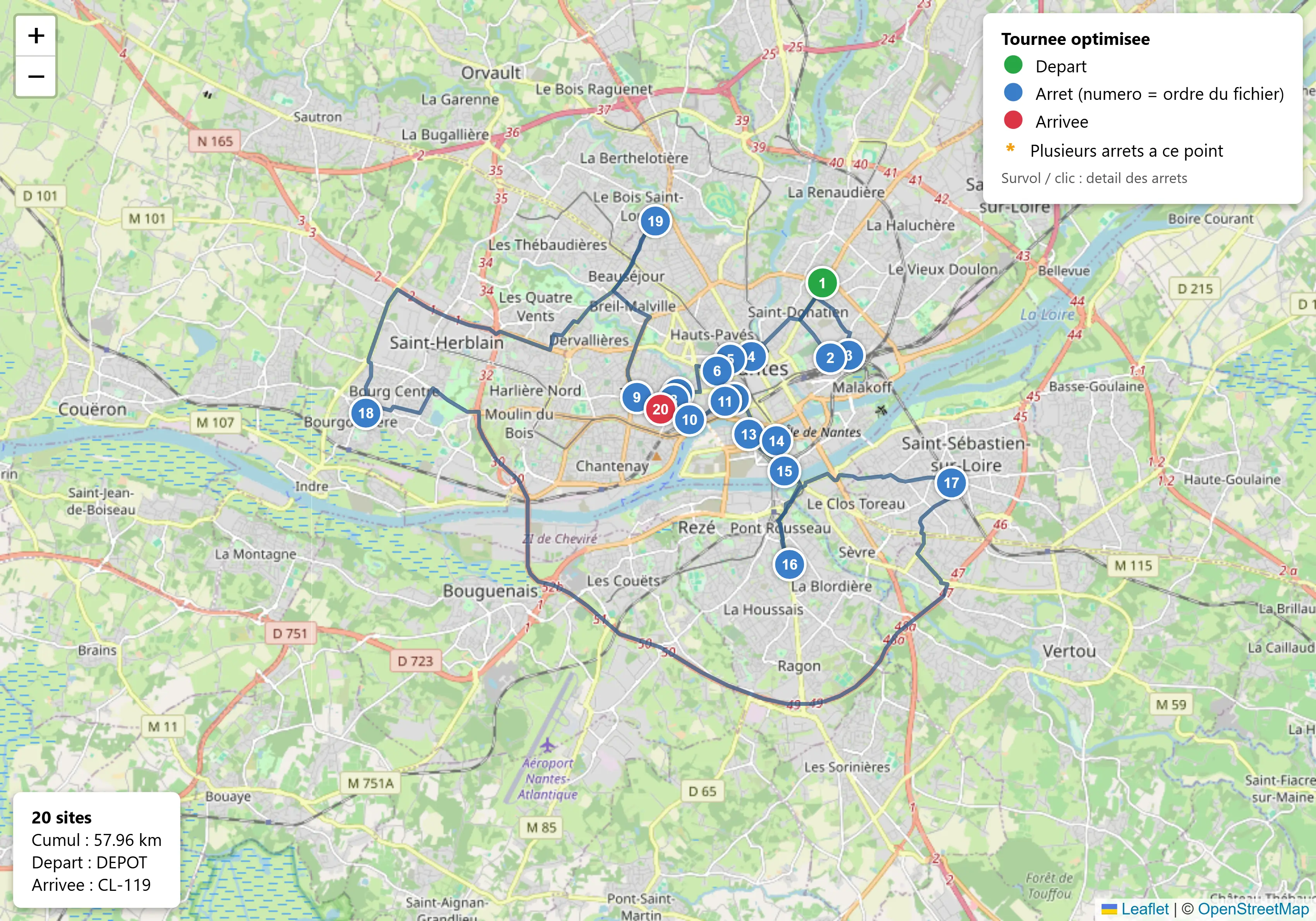 Carte de la tournée optimisée, arrêts numérotés dans l'ordre de passage avec la distance totale