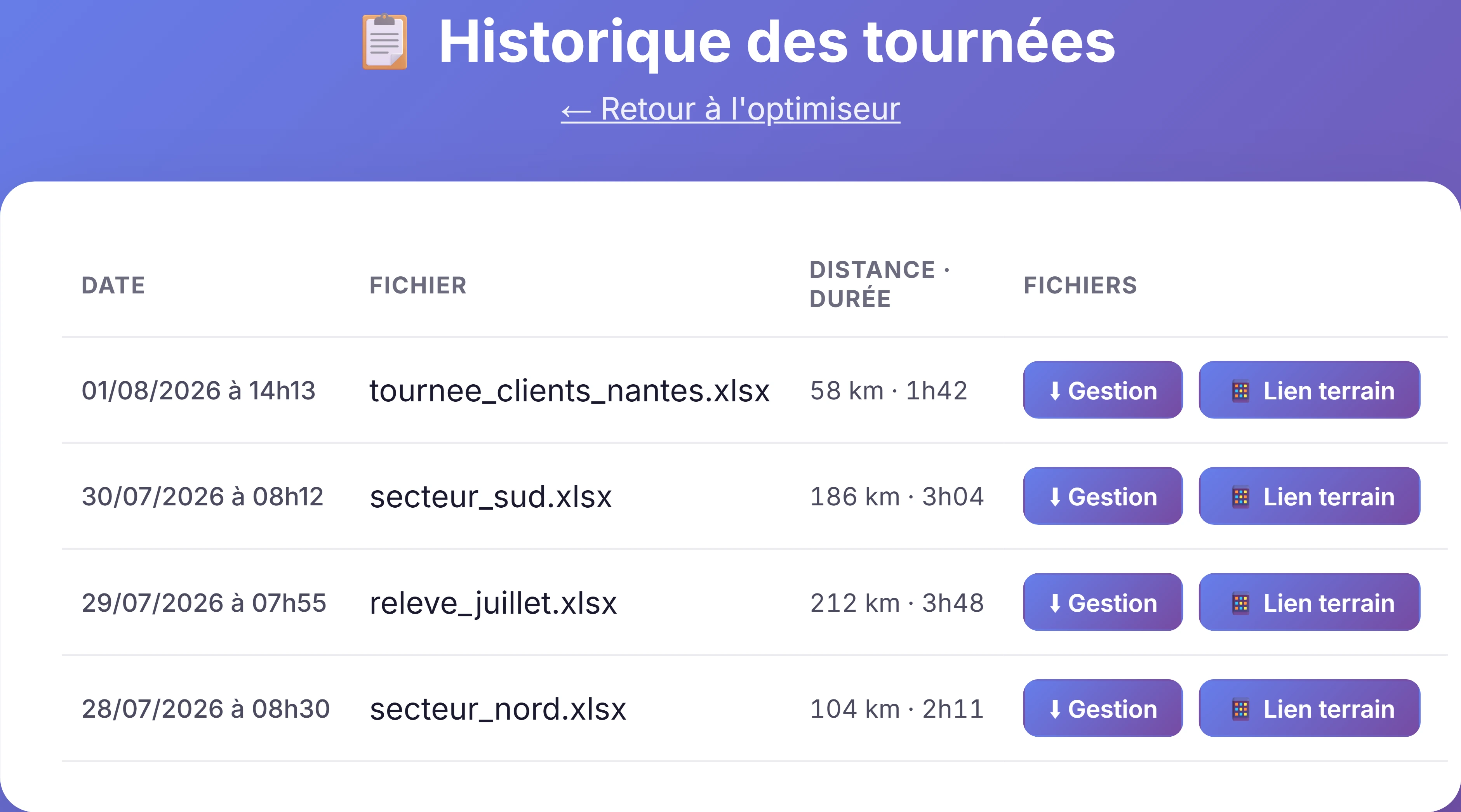 Écran historique listant les tournées passées, avec pour chacune le fichier de gestion à télécharger et le lien terrain à republier