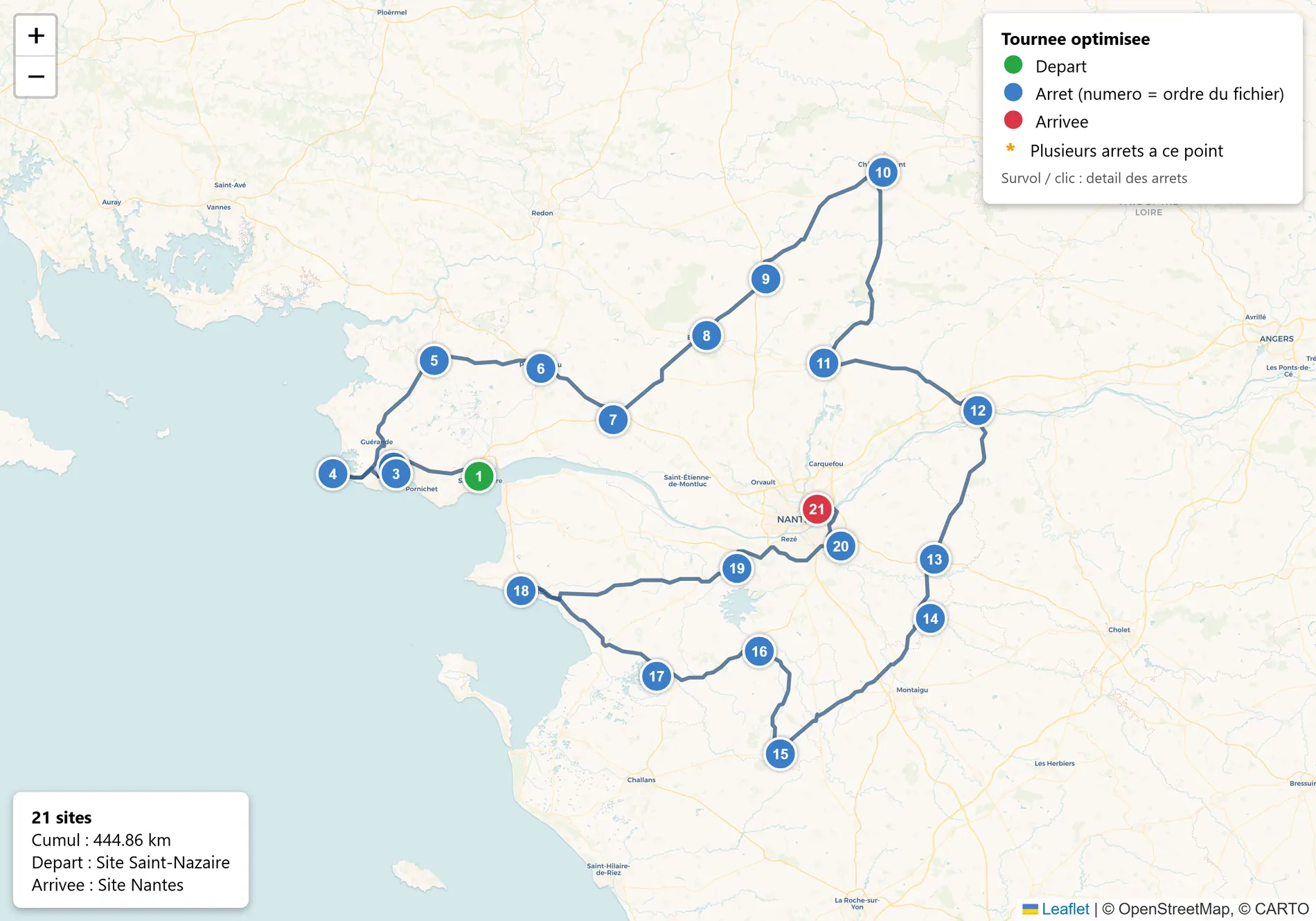 Carte d'une tournée de 21 interventions réparties sur toute la Loire-Atlantique, de Saint-Nazaire à Châteaubriant